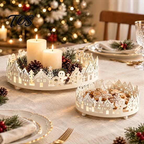 Scented Candle Display Stand 2 Pcs Christmas Village House Tray, Tabletop Decorative Metal Tray with Desktop Set Tree Design, Organizer for