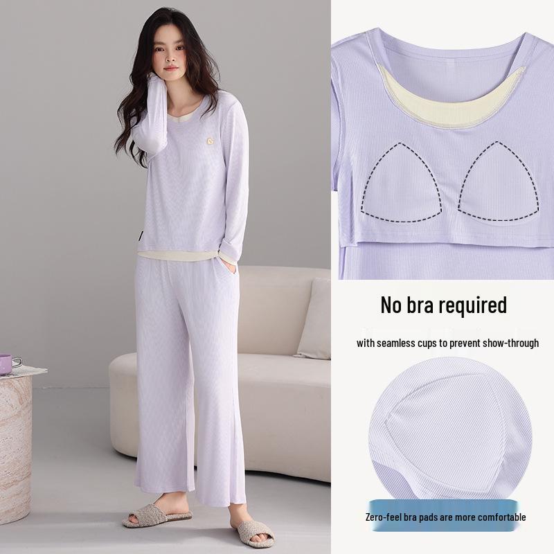 

Женский осенний пижамный комплект: Комплект с длинным рукавом и длинными брюками с нагрудными вкладышами, модальная ткань, носить дома или на улице M (160)