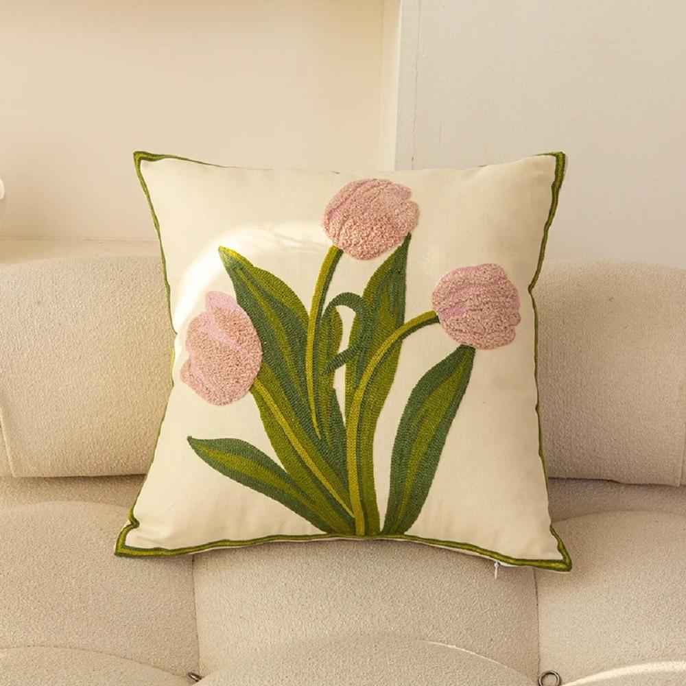 Pure Cotton Embroidery Tulip Spring Throw Pillow Covers Outdoor Patio Cushion Cover Pillow Cases Summer Garden Decorations Home
