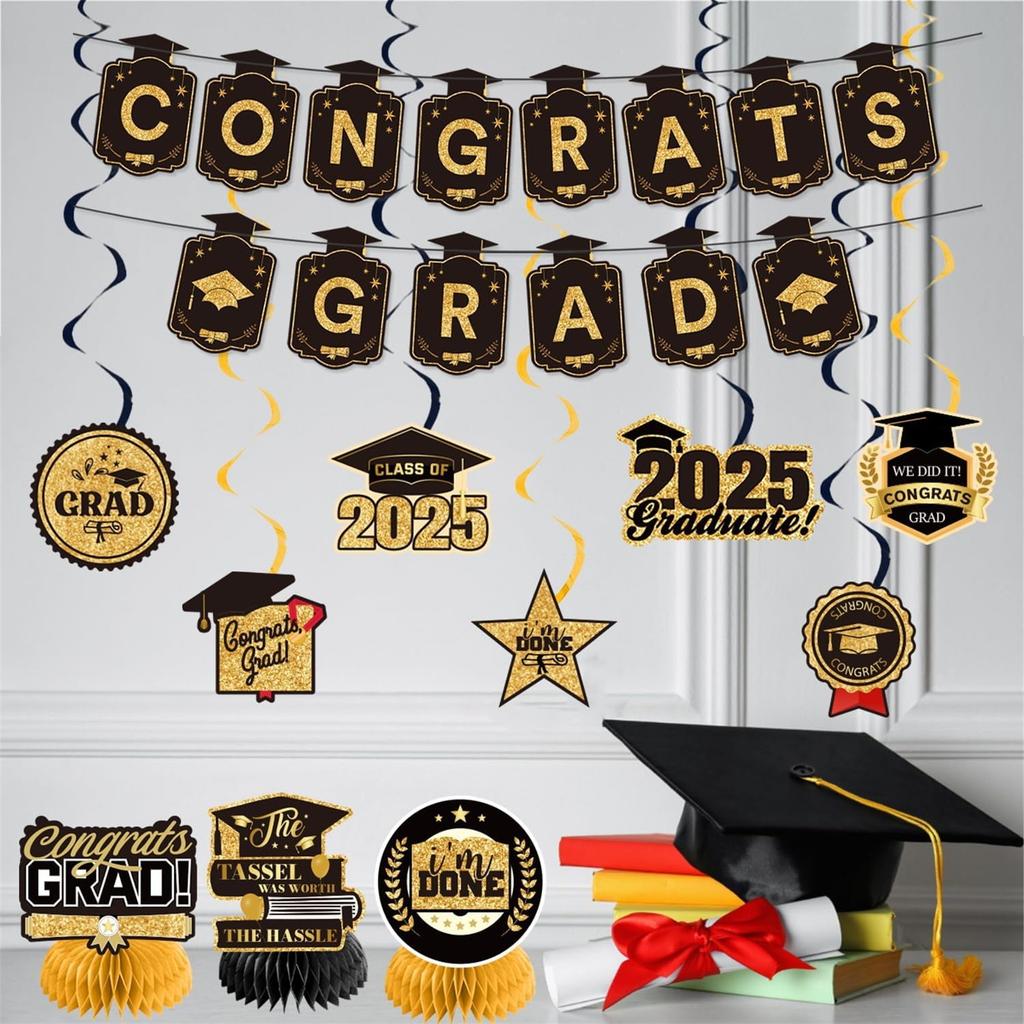 Graduation Decorations Blue Themed Set - Congrats Grad Banner, Class Of 2025 , Balloons & Streamers Kit - Complete Party Supplies For High School &