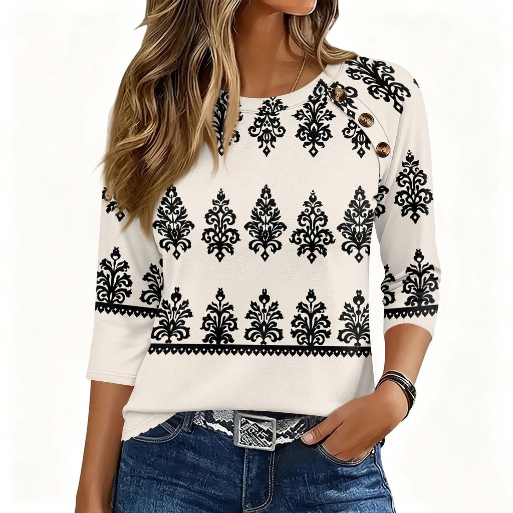 Womens 34 Sleeve Crew Neck Button T Shirt Geometric Pattern Pullover Casual Loose Fit Top for Daily Wear