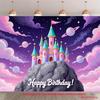 2D Magical Castle Backdrop, Princess Castle with Planets, Stars and "Happy Birthday" Text Background Cloth
