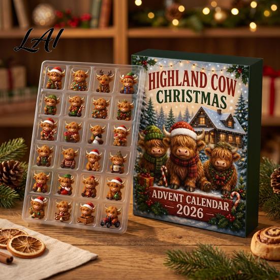 Cute Collection Figurines 2026 Highland Cow Christmas Advent Calendar 24-Day Acrylic Countdown Ornament Set with Calendar Mini Figures Tree Hanging