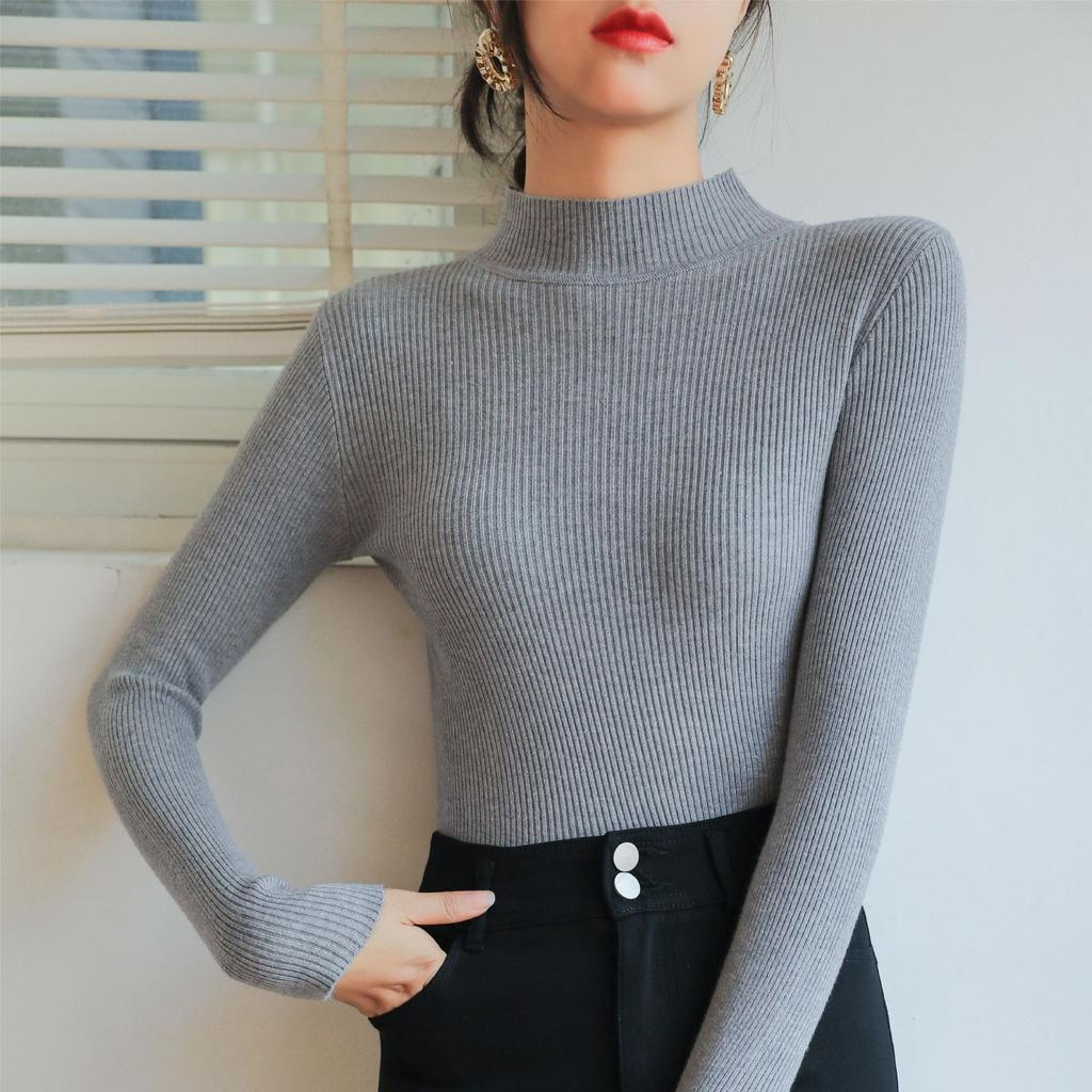 New Knitted Half-high Neck Long Sleeve Versatile Base Shirt for Women In Autumn and Winter Slim Fit and Fashionable Round Neck Top