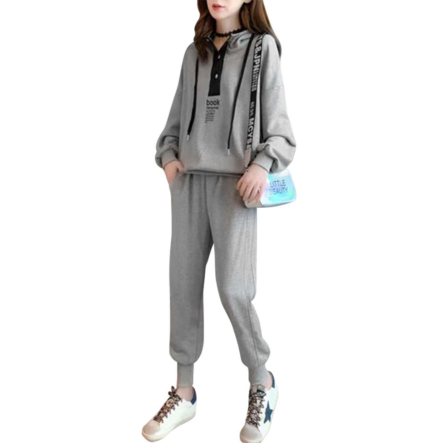 

Mskikefly Милый комплект для дома с длинными рукавами, идеально подходит для выхода или работы из дома. Размер Женский комплект, Толстовка, Брюки свободного кроя, Футболка, Бег, серый