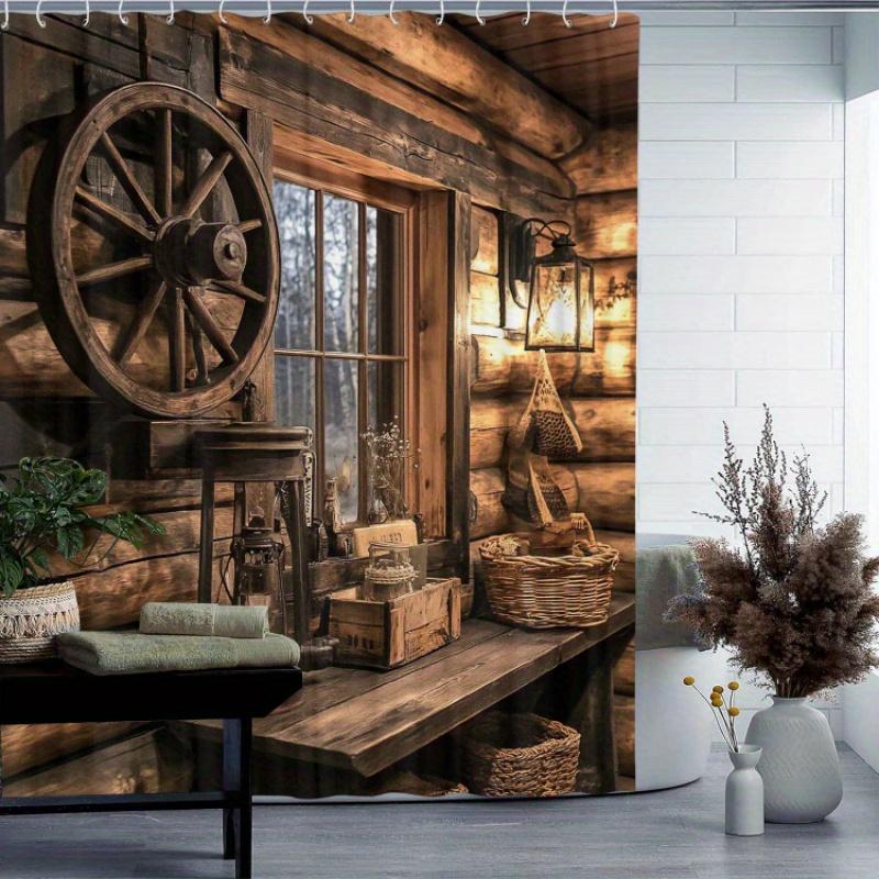 Rustic Wooden Window Shower Curtain: 12 hooks, waterproof, machine washable, artistic design, home/hotel use.