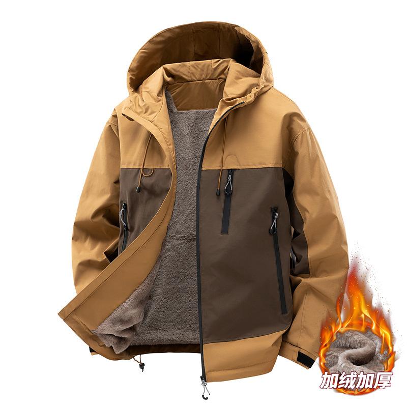 OO Fleece Thickened Jacket Men's Loose Trend Outdoor Waterproof Casual Retro Hooded Jacket Men