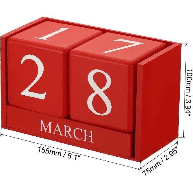 PATIKIL Vintage Wood Block Perpetual Calendar, Reble Wooden Month Date Display Blocks for Desk Office Home Decoration 6.1", Red