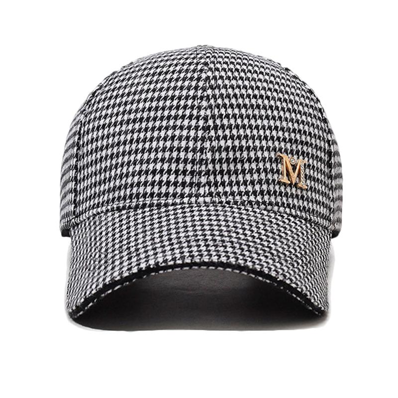 Women's Autumn Winter Houndstooth Rhinestone M Letter Baseball Cap Wool Warm Peaks Cap
