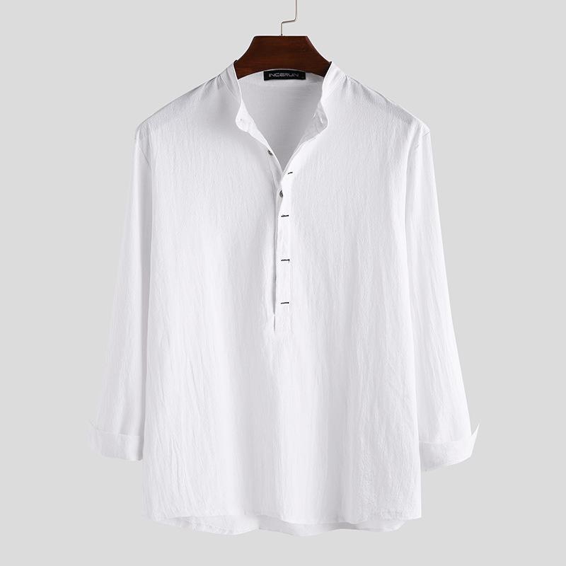 

Мужская белая рубашка-henley из смесовой льняной ткани, воротник-мандарин, длинный рукав, повседневный топ M белый