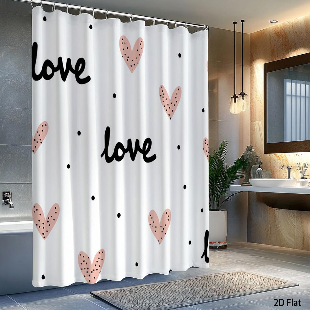 1pc Heart-patterned polka dot shower curtain, polyester fabric, with hooks, machine washable, suitable for bathroom décor.