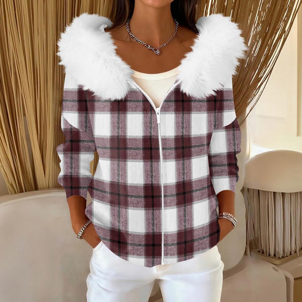 Women's Fashion Casual Sweater Zipper Print Cardigan Plush Hooded Jacket