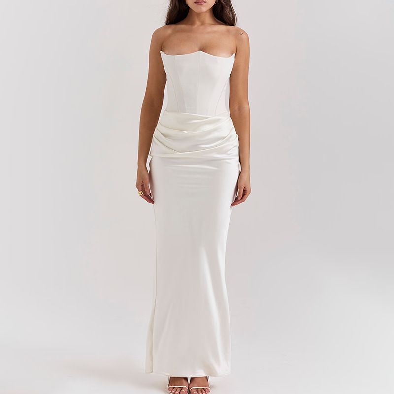 

Fashion Style Satin Tube Top Pleated Patchwork Dress 2024 New Arrival Waist Tight Hip Bag Elegant Formal Dress Women White S