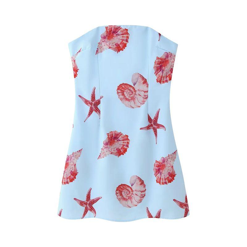 

Spring and Summer New Women s Clothing Commute Style off-Neck Sleeveless Printed High Waist Short Tube Top Package Hip Dress Light Blue L