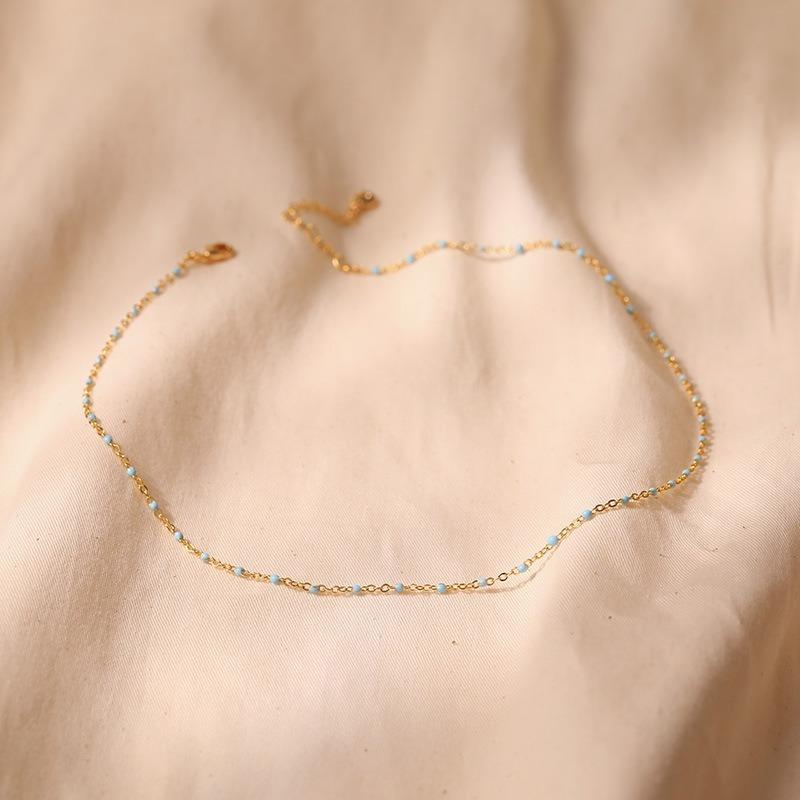 Gold Plated Dainty Mini Rainbow Enamel Bead Station Choker Necklace
