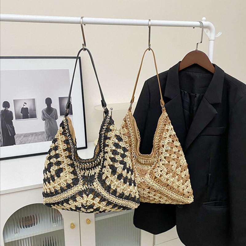 Women's Woven Straw Shoulder Bag Medium Size Handbag With Handle For Beach Vacation