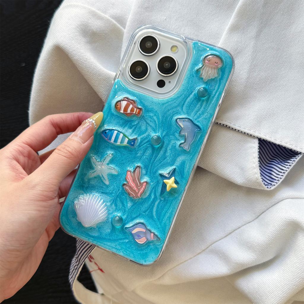 3D Ocean Theme Phone Case for iPhone 12-17 Series — Cute Dolphin, Fish, Jellyfish & Coral Design