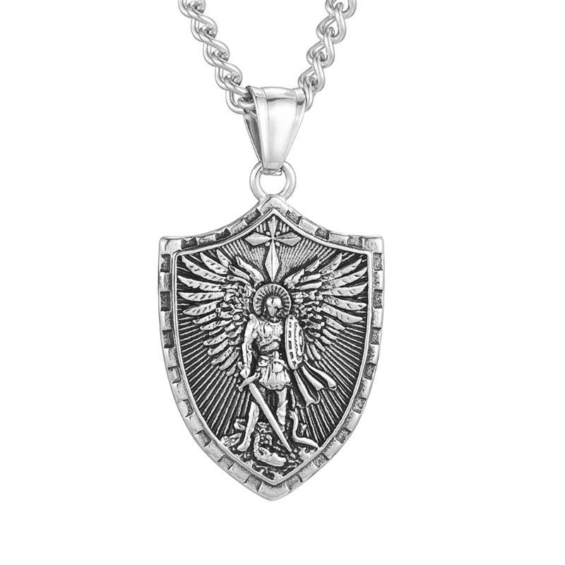 Stainless Steel Pendant Necklace Punk Style Archangel Necklace Stainless Steel Angel Shield Pendant Neck Jewelry