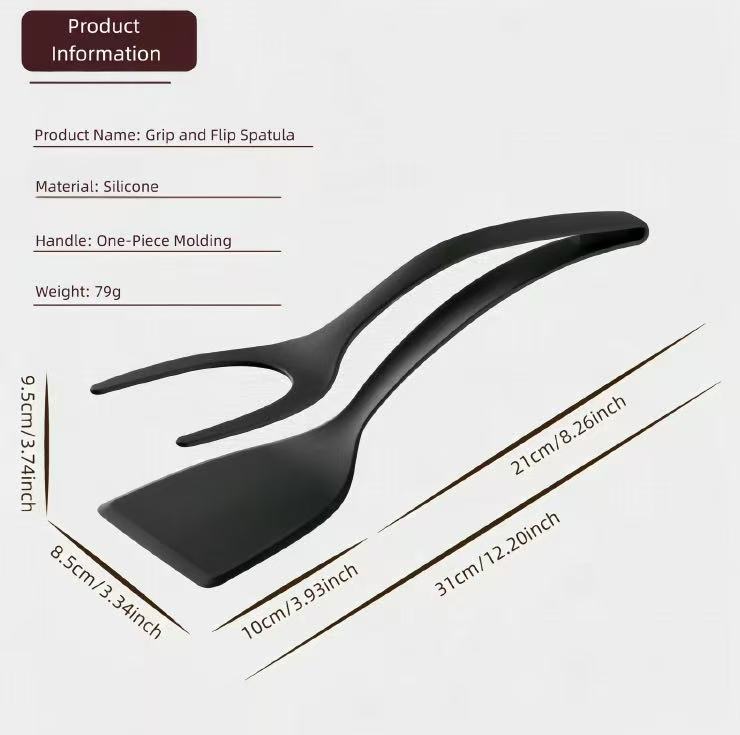 2-in-1 Silicone Shovel & Tweezers Tongs - Black Egg Flipper Pancake Spatula for Kitchen