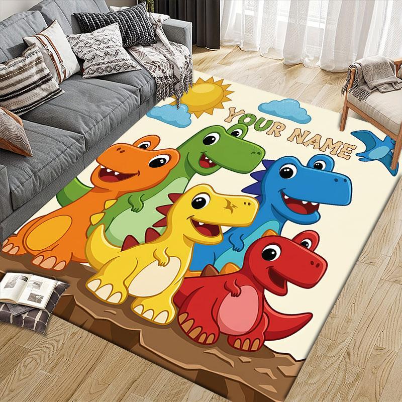 Custom Name,Cute Cartoon Dinosaur Home Sofa Decoration for Living Room & Bedroom, Non‑Slip Play Flannel Floor Mat for Game Room
