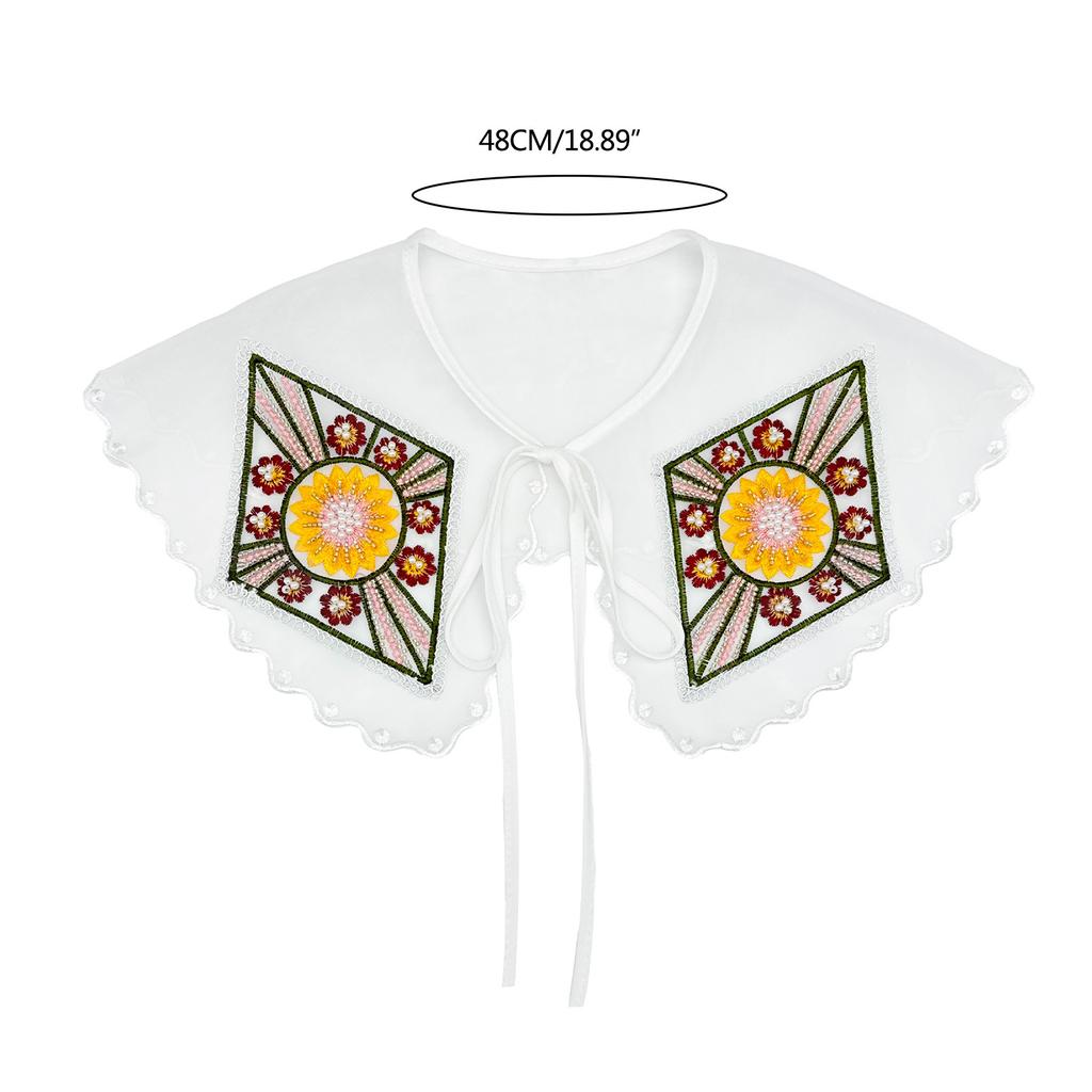 Decorative Fake Collar Neckline for Women Cute Colorful Embroidery Beaded Floral Shawl Scarf Wrap Ribbon Bowknot Capelet