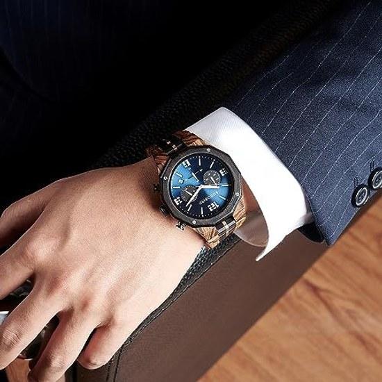 BOBO BIRD mens wooden watch sports fashion wristwatch casual chronograph quartz stainless steel strap date display blue medium luxury elegance