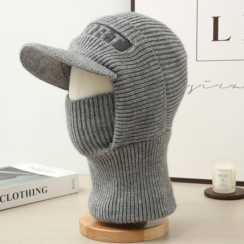 Men'S Velvet Lined Knitted Beanie Winter Hat With Collar, Outdoor Cycling Sports Cap For Men Black/Gray One Piece New Keep Warm