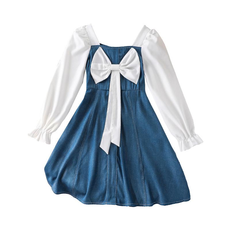 Girls Dress for Children's Clothing 2025 Autumn Square Collar Bow Long Sleeve Splicing Denim Skirt for Girl