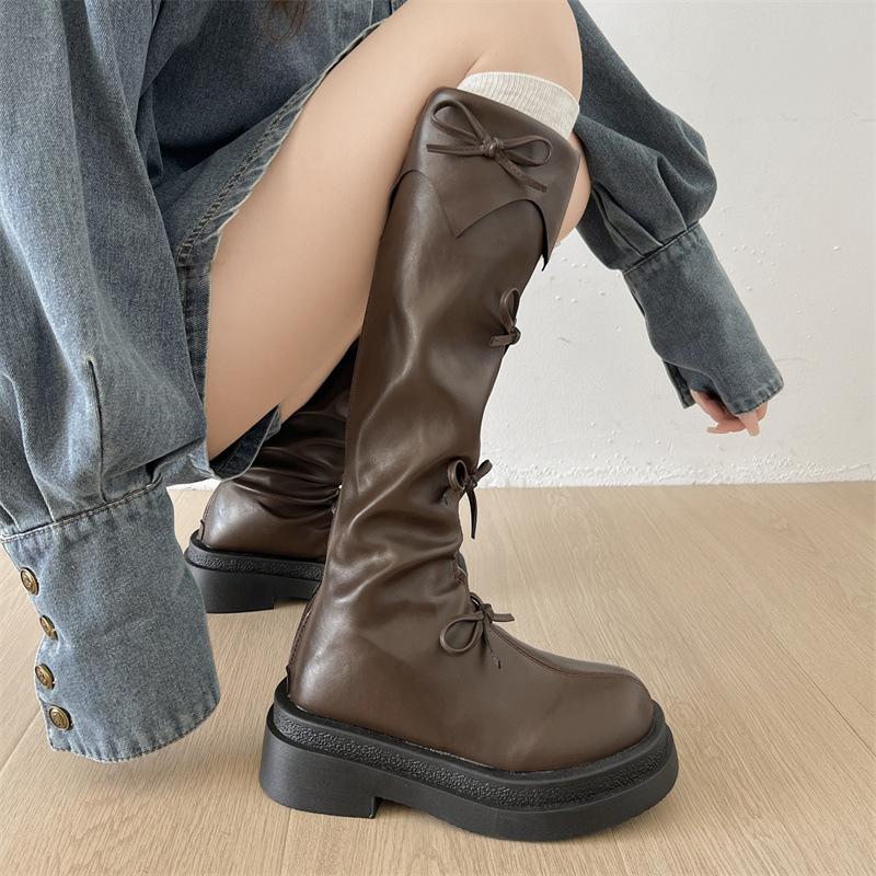 Braune Retro Britische Plateau-Stiefel Damenstiefel 2025 Neu Herbst Maillard Skinny Ritterstiefel