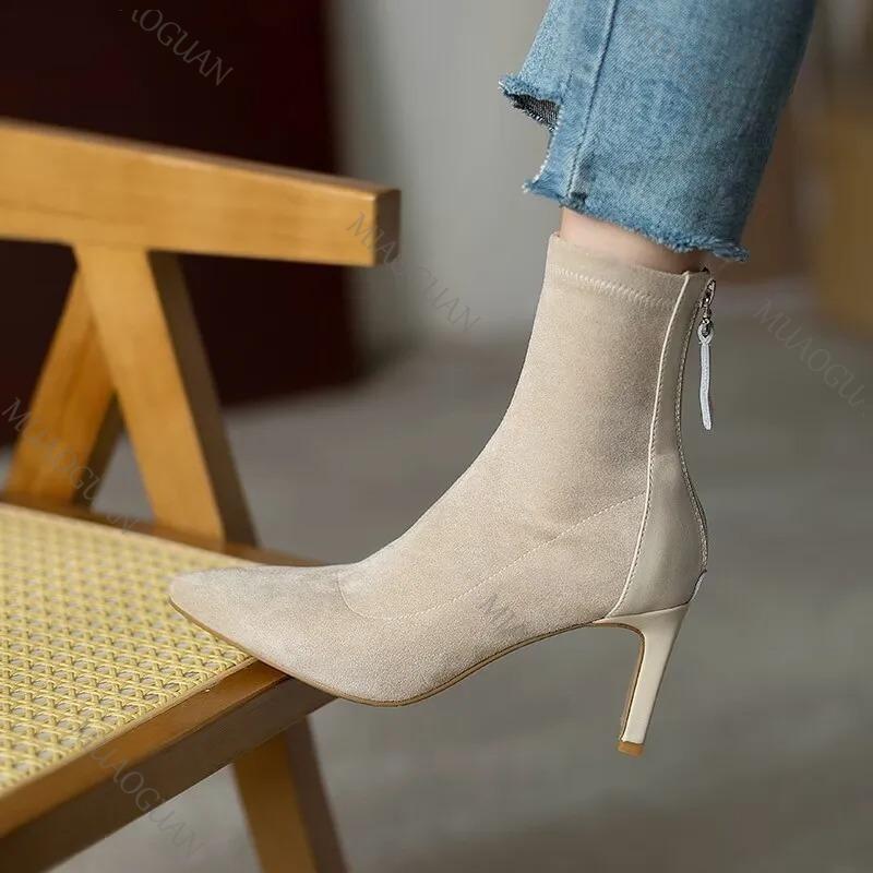 Fashion 2025 Women Ankle Boots Fashion Pointed Toe Ladies Elegant Short Botas Thin High Heel Spring Autumn Suede Women's Botines Chelsea