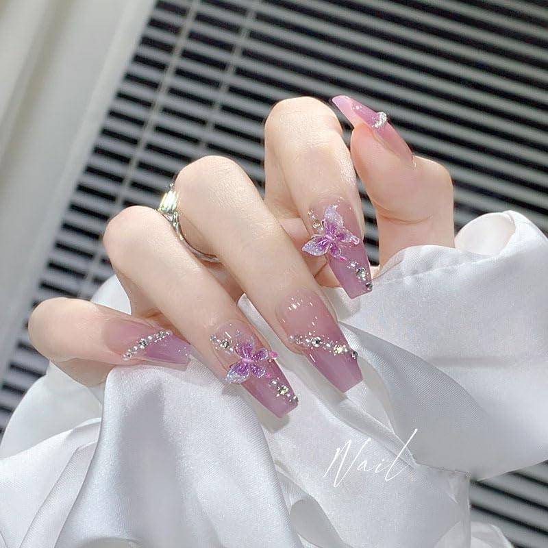XUZOO Nail Tips 3D False Nails Cute Stylish Popular Simple Bride Wedding False Nails Crystal Pearl Butterfly Flower 3D Nail Tips Short Long Hands