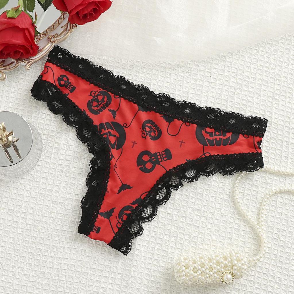 Lace Patchwork Seamless Halloween & Christmas Print Ice Silk Thong 367