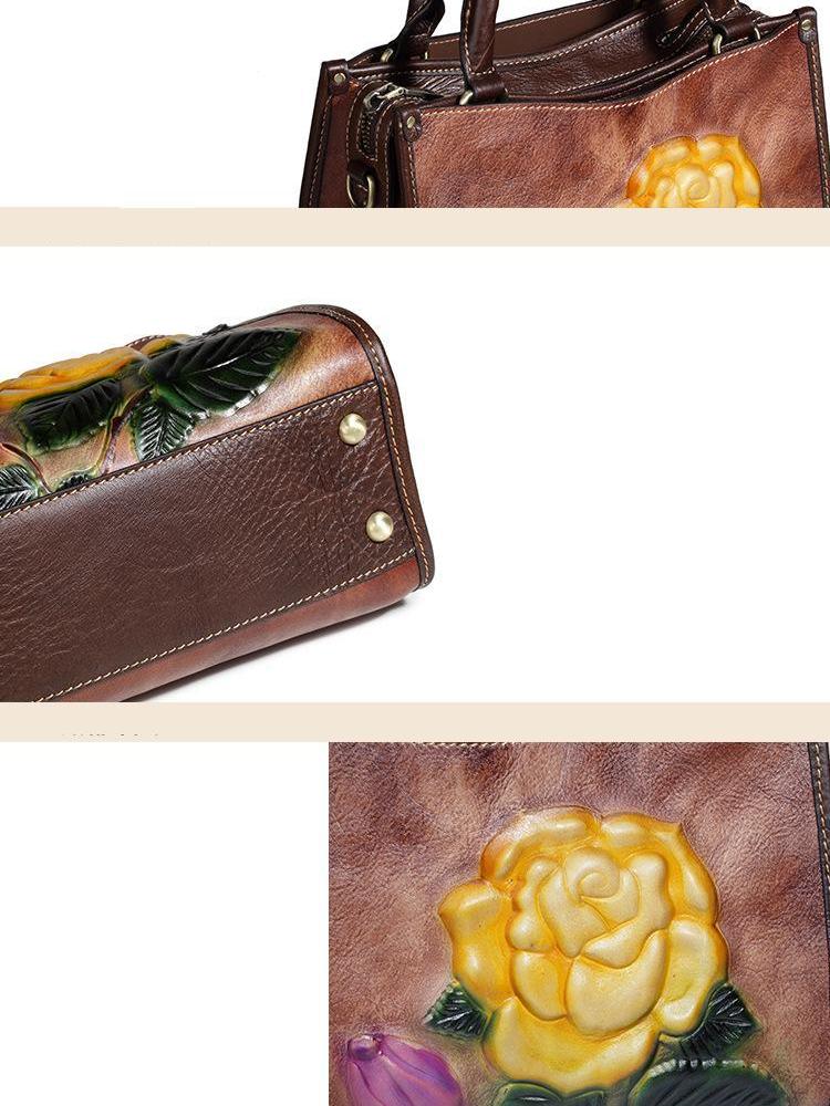 Johnature Retro-Schulter- und Umhängetaschen aus Rindsleder mit Prägung, lässige Damenhandtasche aus echtem Leder mit großer Kapazität