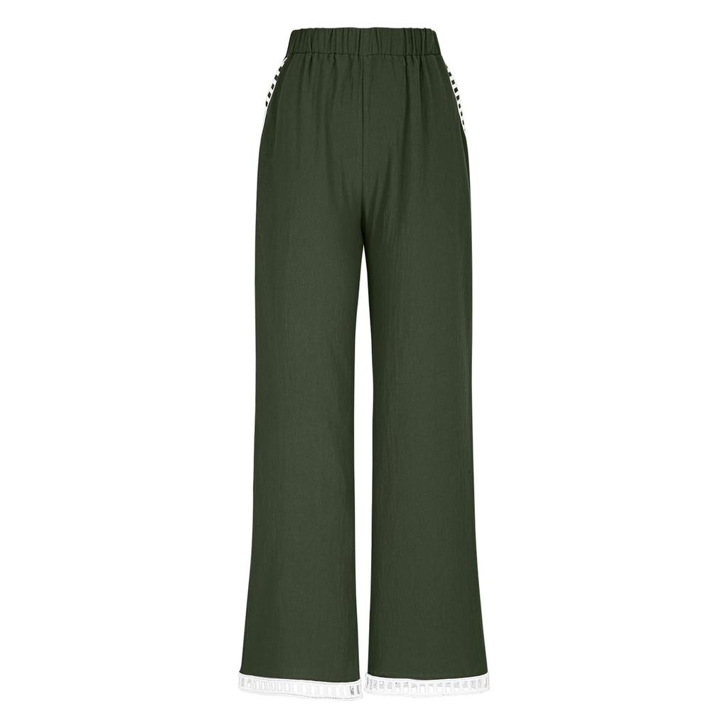 Women's Fashion Color Pocket Elastic Waist Versatile Cotton Lace Casual Sports Pants
