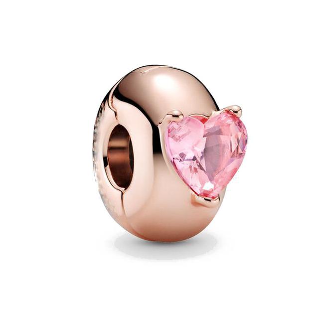 925 Silver Rose Gold Color Pink Blue Heart Solitaire Clip Diy Charm Fit Charms Bracelet Diy Women Original Beads Jewelry