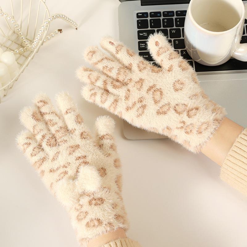 Fashion Bow Gloves Autumn and Winter Warm Gloves Women's Cute Leopard Print Finger Gloves Knitted Gloves