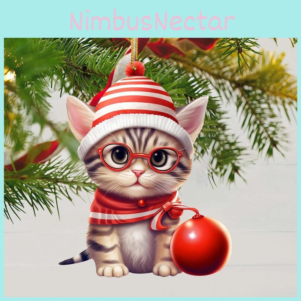 Flat Acrylic Surface Pendant With Cute Cat Wearing Christmas Hat Design Decor