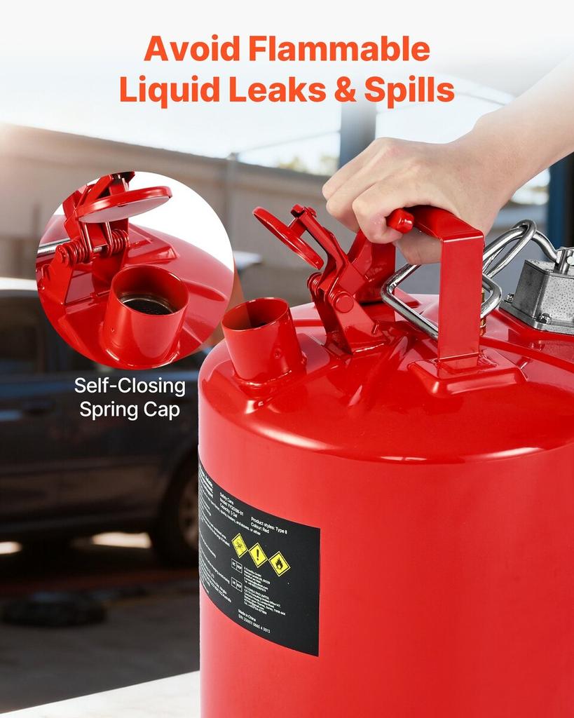 Safety Gas Can, 19 L Type II Red Safety Can for Gasoline with Stainless Steel Flame Arrester, Self-Closing Lid, and Flexible Metal Spout, Carbon Steel