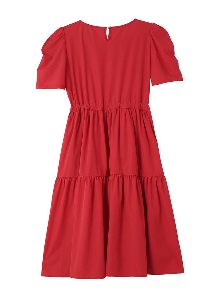 2026 Summer Women's Plus Size Red A-Line Short-Sleeve Waist-Cinched Dress