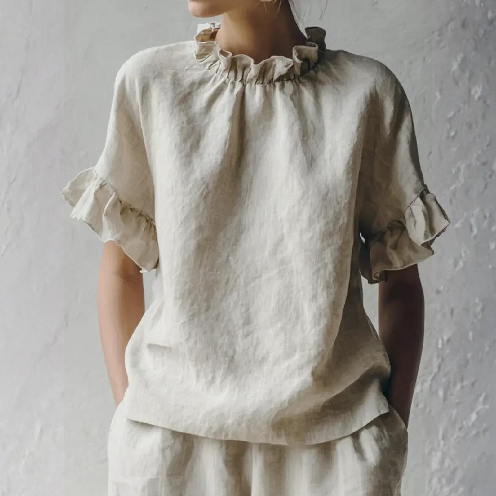 Women s Fashion  Color Casual Loose Ruffled Short-Sleeved Top L бежевый