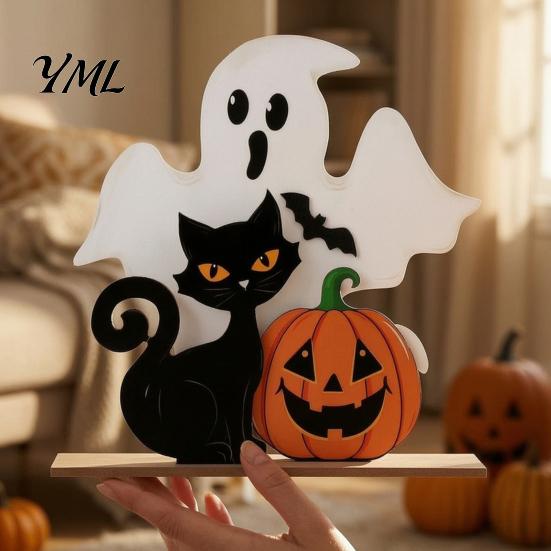 Compact Festive Ornaments Halloween Table Decor, Wooden Black Cat Ghost Pumpkin Decorations Indoor Cute Burr Free Wood Crafts Gifts, Room Decor