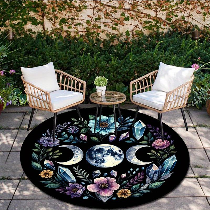 Floral Celestial Round Carpet, Polyester Black Background with Vibrant Flowers Planets for Living Room Home Decor