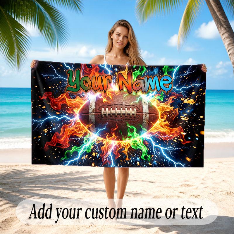 American Football Theme Beach Towel Personalized Custom Name & Text Soft Quick Dry Beach Towel for Swimming Travel