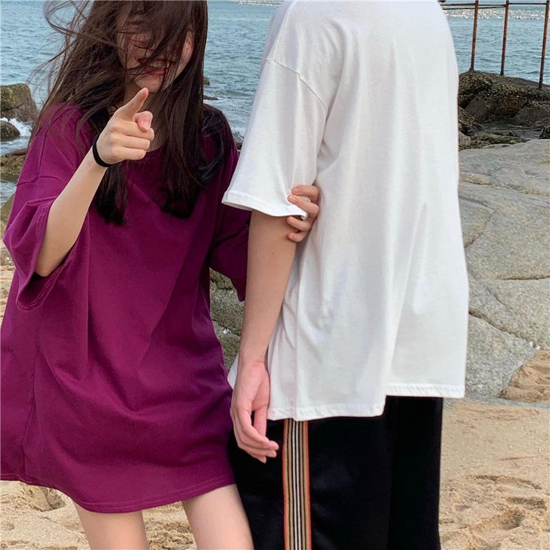 Summer New Couple Girlfriends Lazy Wind Clothes Missing Loose Medium and Long Short-sleeved T-shirt Women's Clothing