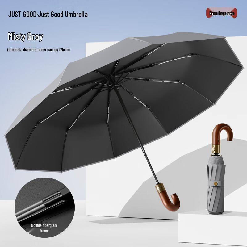 Lilang Automatic 10-Rib UV Protection Umbrella with Curved Wood Handle