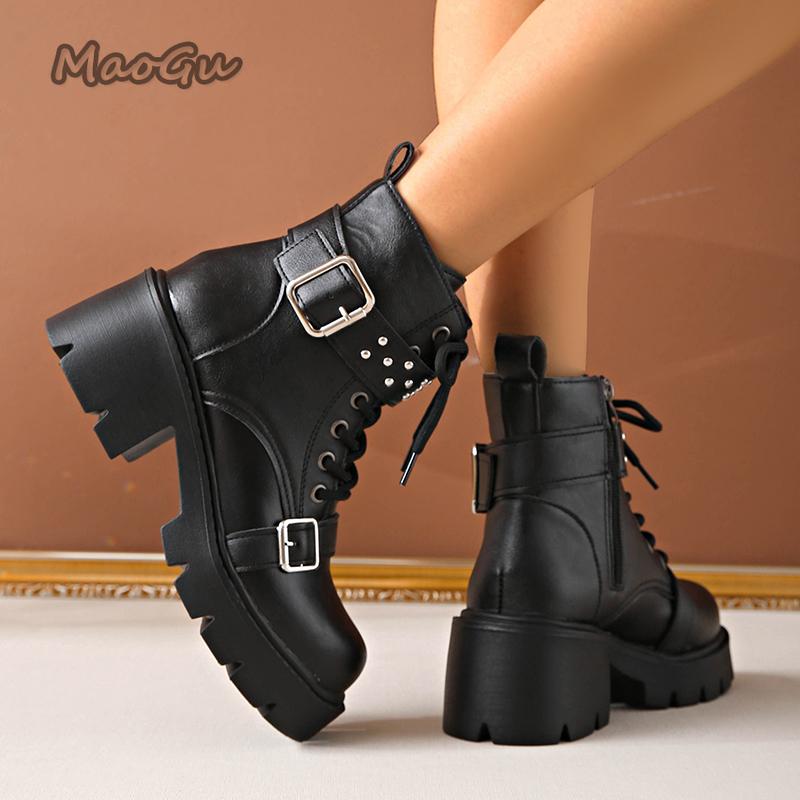 Platform Ankle Boots for Women Autumn Chunky Heel Lace Up Black Short Boots Women Buckle Strap Rivets Motorcycle Booties Size 35