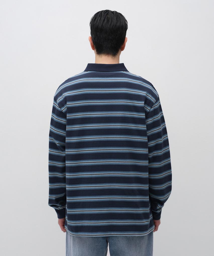MUSINSA STANDARD Multi-Stripe Long Sleeve Polo Shirt [Navy]