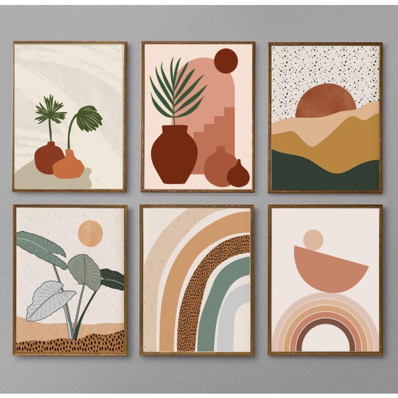 Mid Century Modern Boho Chic Poster Vintage Abstract Beige Line Art Print Canvas Painting Wall Art Trendy Living Room Home De