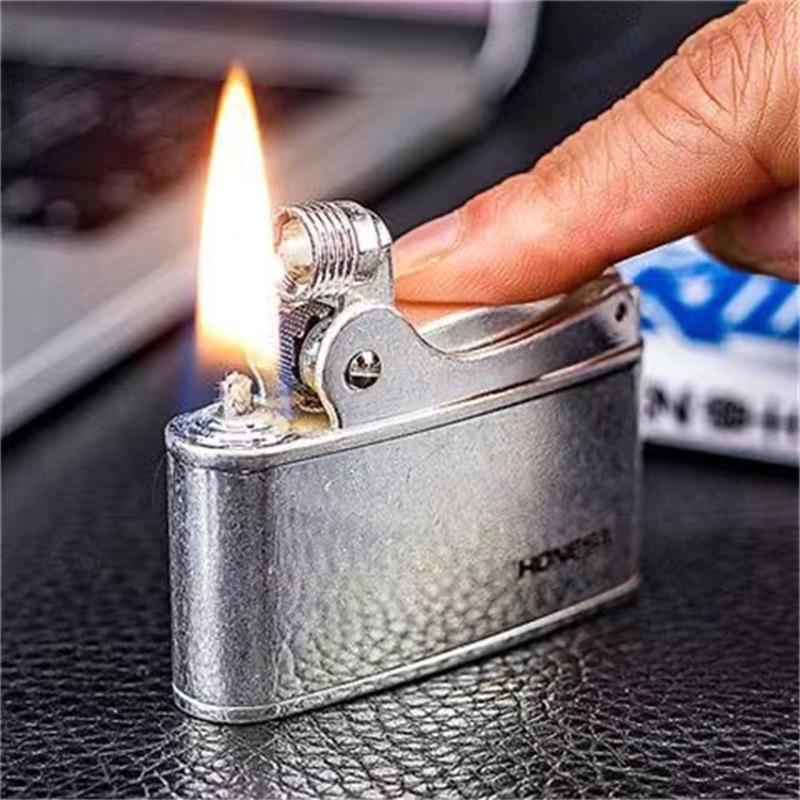 Retro Windproof Kerosene Lighter: One-Button Ignition, Ultra-Thin, Portable Design for Men
