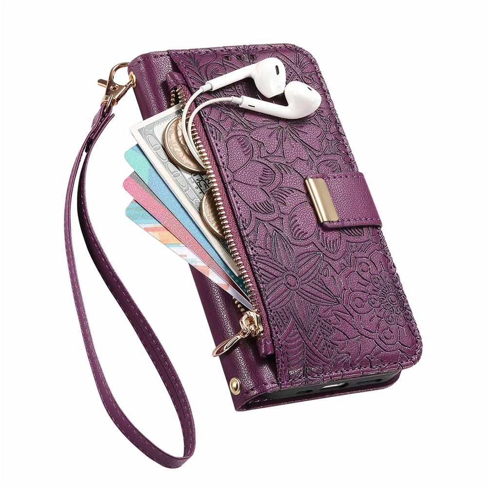 Phone Wallet Case with 6 Card Slots, Zip Coin Pocket, Stand for Hands-Free Viewing & Wrist Strap, Floral Design for OPPO VIVO Xiaomi Redmi Google